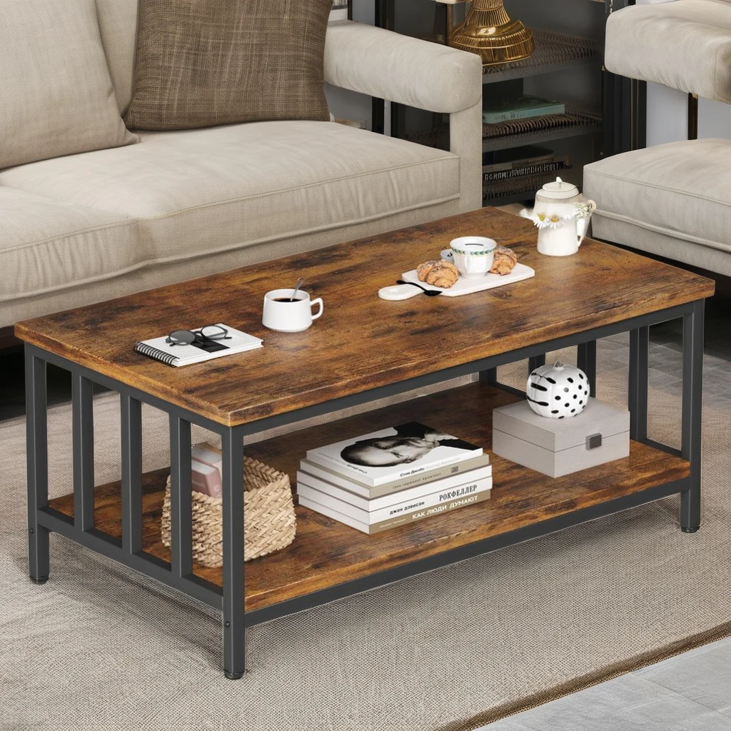 Modern Rustic Brown Rectangle Wood Simple Coffee Table Industrial Storage Shelf Side End Table for Living Room Furniture