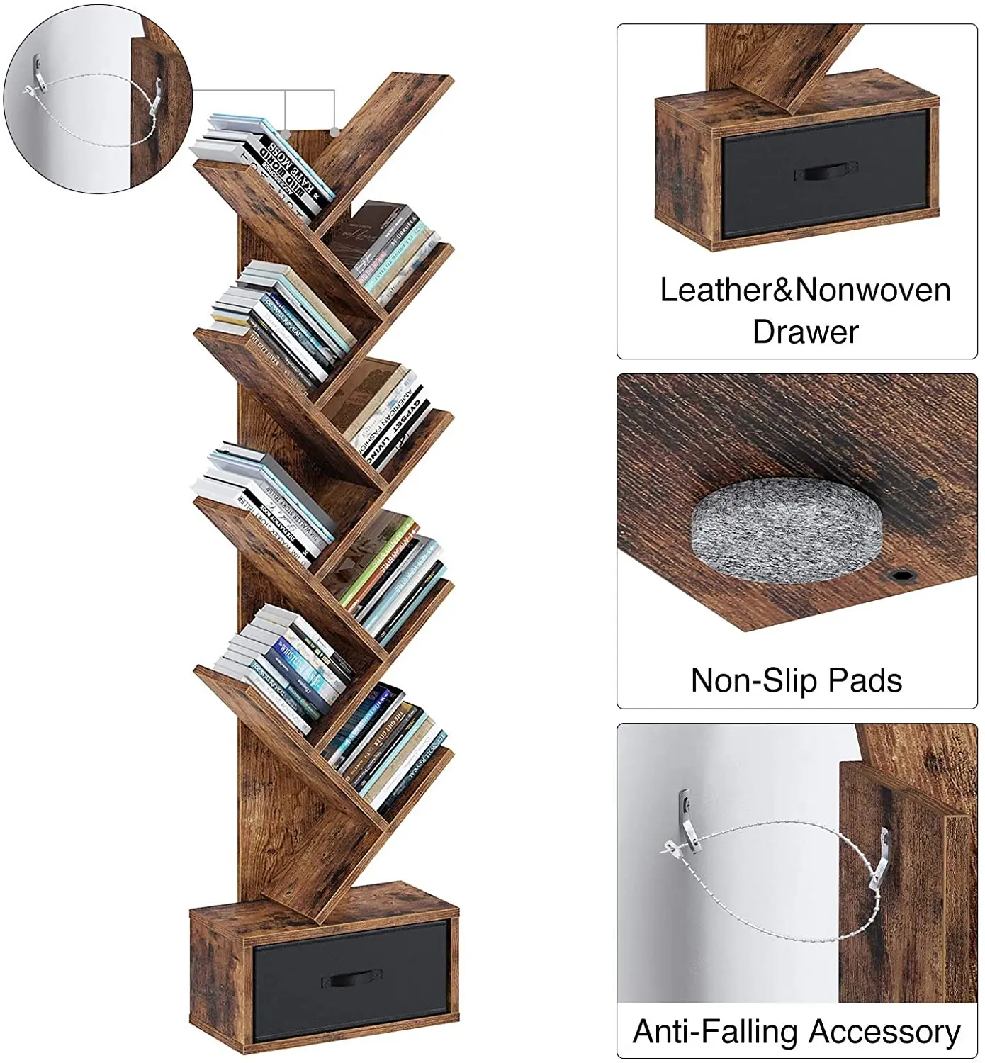 Tree Shelf with Drawer 8-tier Country Brown Bookcase Retro Wood Storage Rack for CD/Movie/Book Useful Storage Living Room  Home