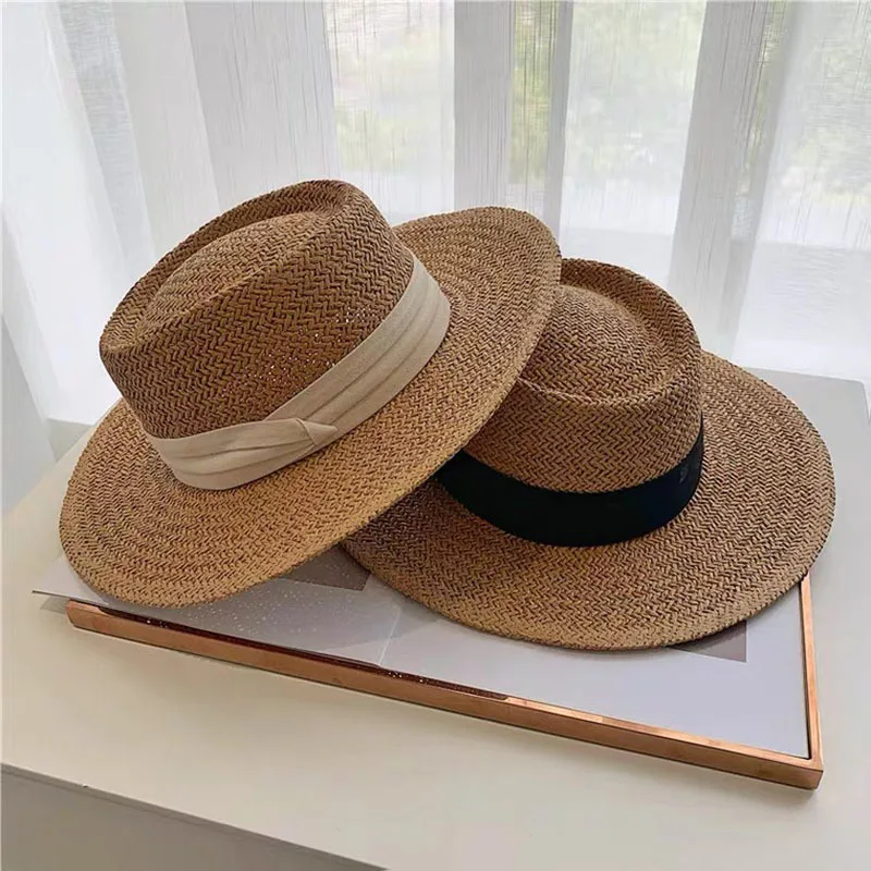 2023 Hot Sale High Quality Summer Outdoor Wide Brim Flat Roof Beach Sunshade Straw Hat For Women