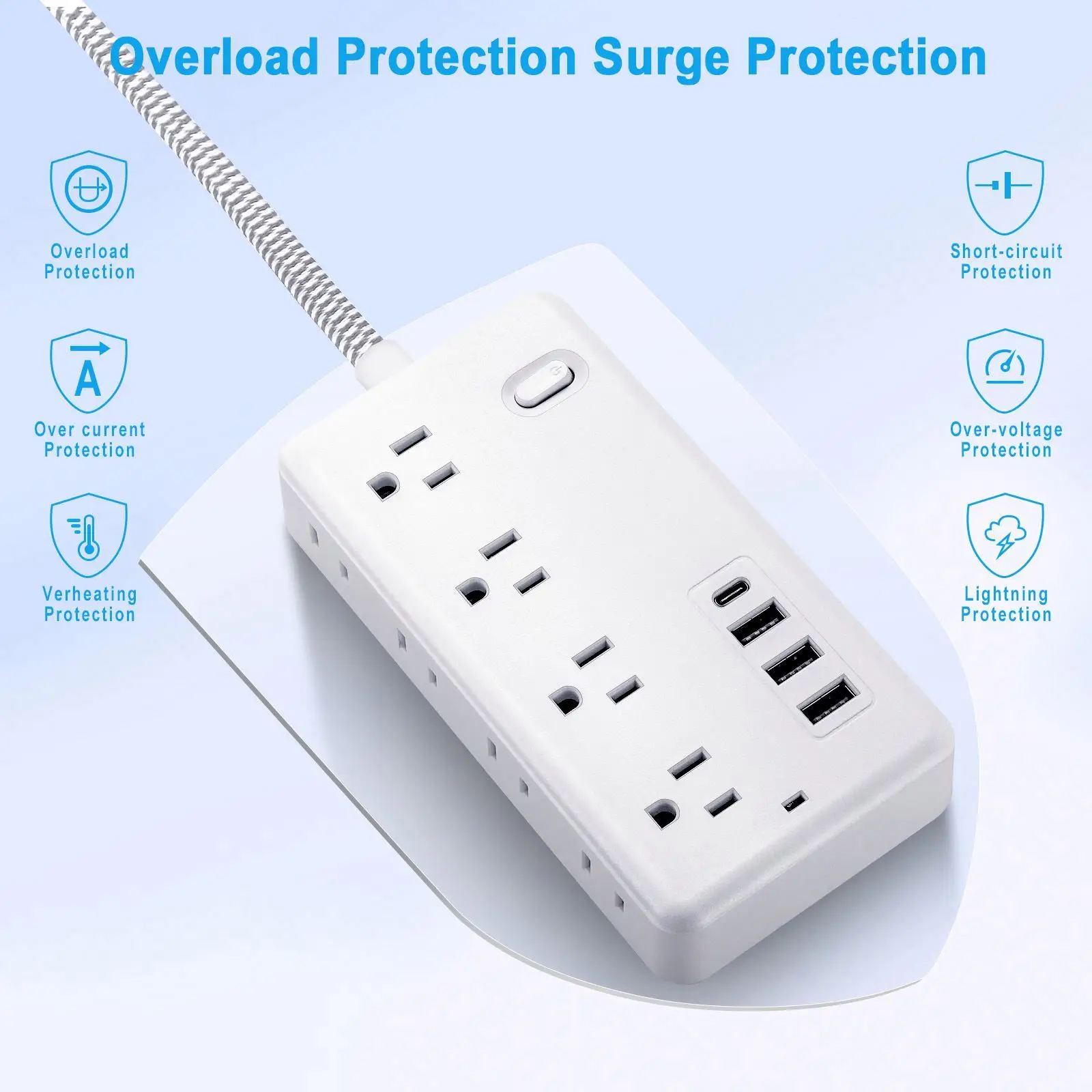 1.2 US cable  Surge Protector Power Strip with 8 Widely Outlets 4 USB Ports Flat Plug Wall Mount Outlet Extender