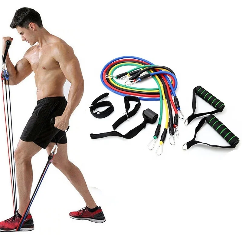 
In Stock Adjustable TPE Latex 150lbs 11 Pcs Custom Printed Logo Fitness Bands Resistance Tubes Set for Home Training 