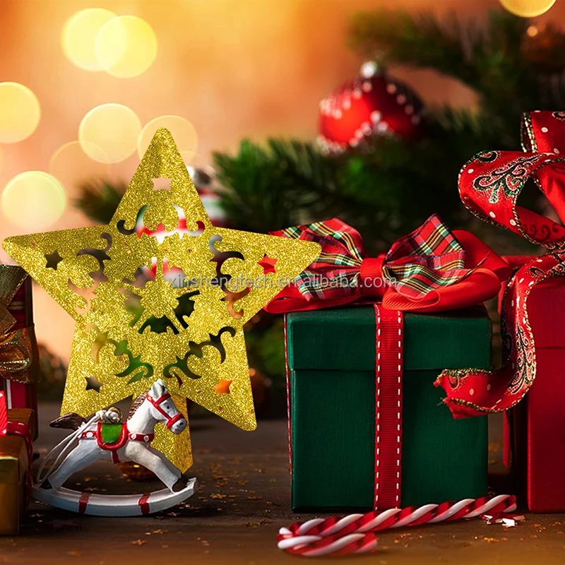 Christmas Tree Topper Lighted 3D Glittered Gold Silver Christmas Star Tree Topper LED Lighting with Rotating Snowflake Projector