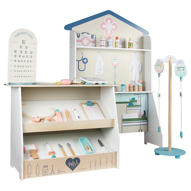 New Wooden kids medical kit New Item 2 IN 1 Receiver Bag Set Kids Backpack Hospital Kit Doctor Wood Set Toy