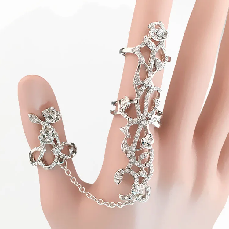 Fashion Punk Rock Gothic Gold Silver Hollow Carved Flowers Crystal Double Full Finger Knuckle Armor Ring