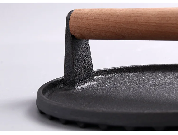 Non-stick cast iron Round and Square Iron Hamburger Bacon Meat Crusher Kit Hamburger Crusher with wooden handle