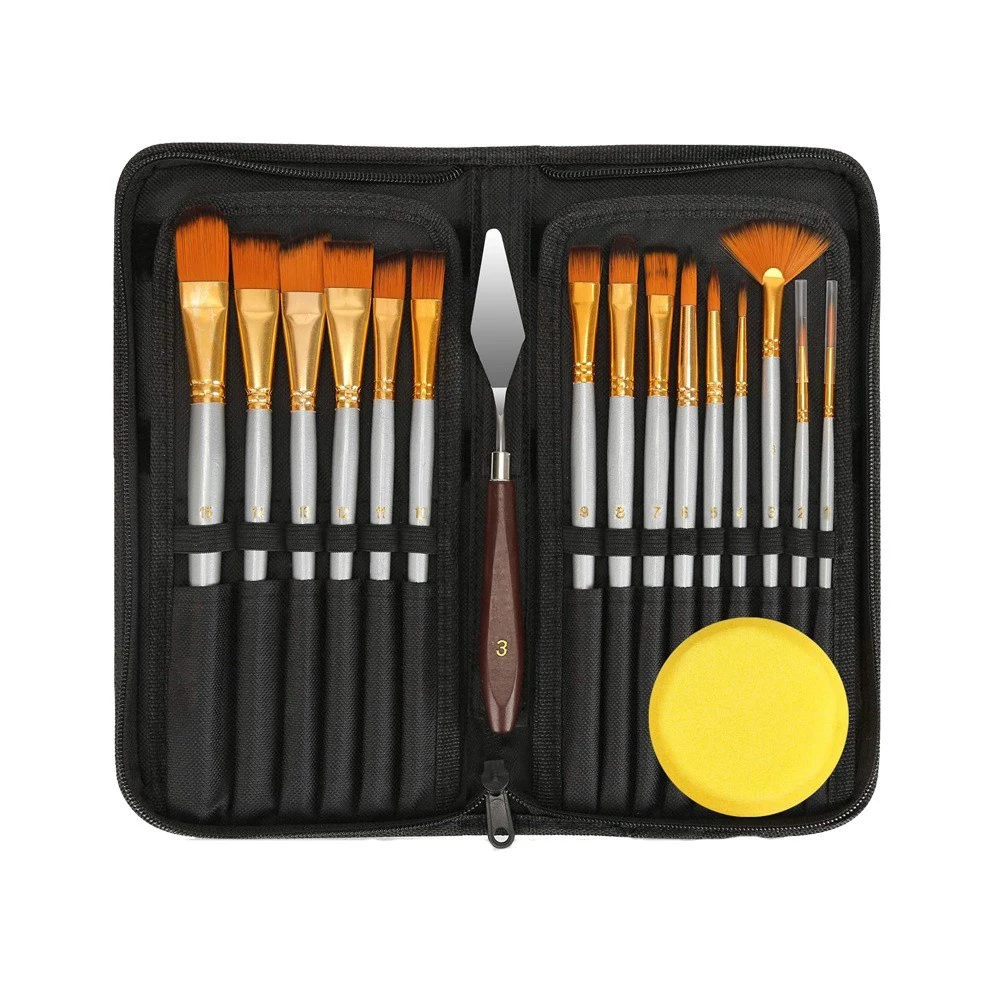 BOMEIJIA  15pcs Nylon Hair Wood Handle Artist Paint Brush Set With Canvas Bag For Acrylic Watercolor Oil  Painting Art Supplies
