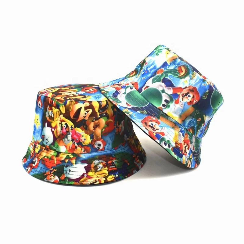 Creative Super Mary Mario figures pattern bucket hat man woman cartoon sun protection sun hat double-sided