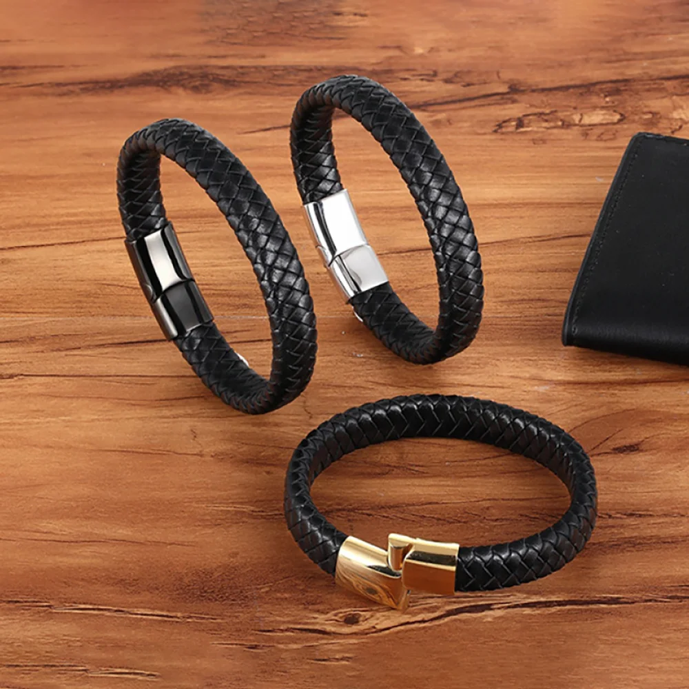 Fashion Genuine Leather Bracelet Wholesale Customize Handmade Stainless Steel Magnetic Clasp Jewelry Bracelets for Men