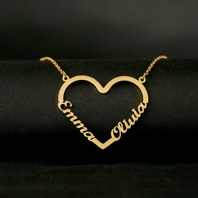 Custom Stainless Steel two name Necklaces with heat  Multiple Nameplate Gold Plated Chain Women Jewelry Necklaces