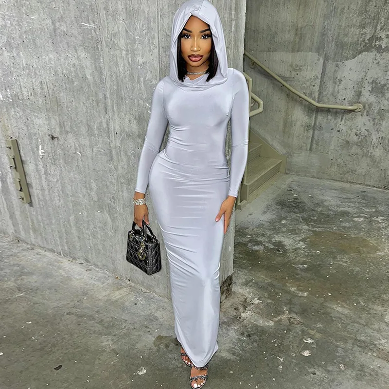 Wholesale Solid Color Slim Fit Dresses Women Lady Elegant Celebrity Style Long Step Wrap Hip Skirt Casual Hooded Dress