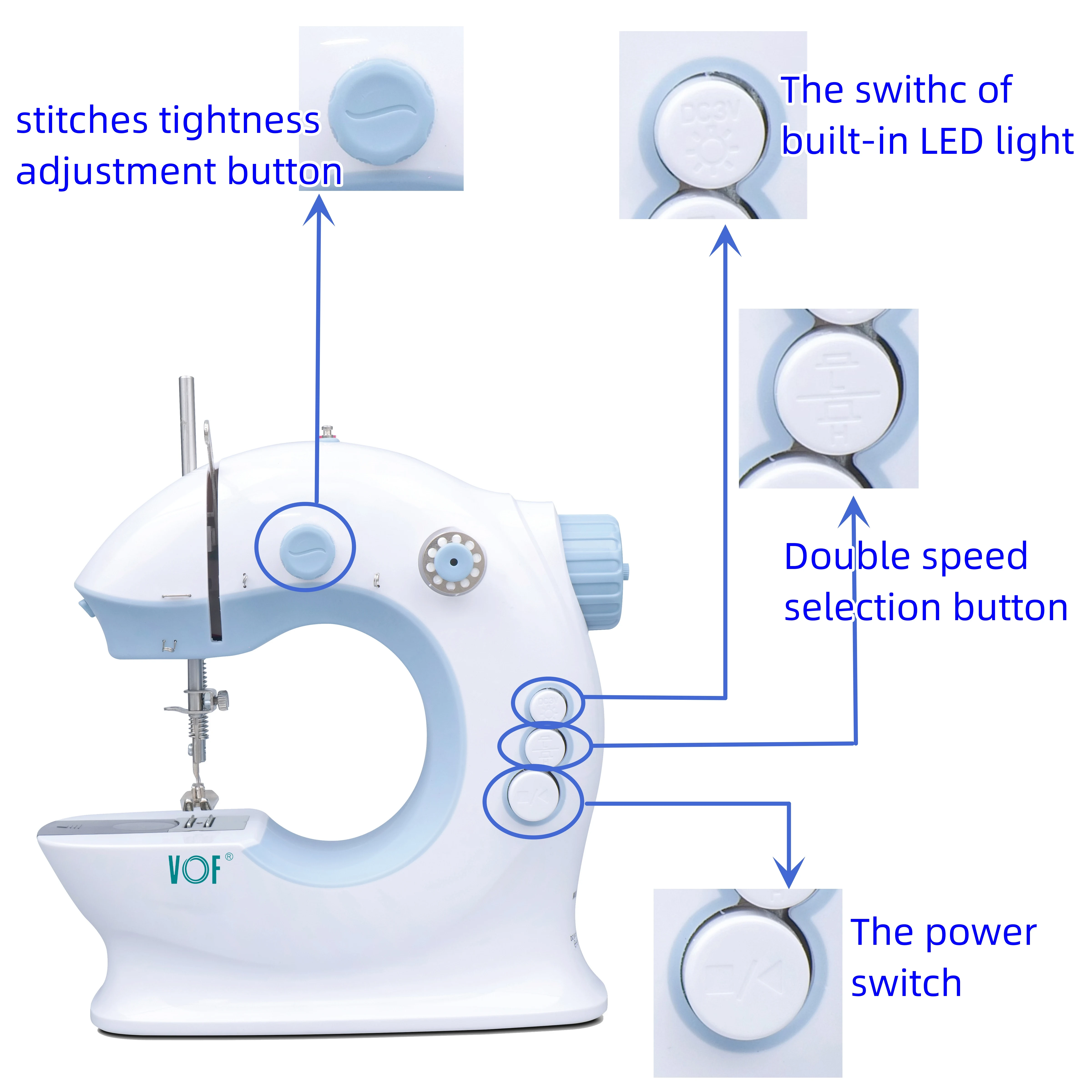 Blue portable table top mini household sewing machine for kids or beginners FHSM-213