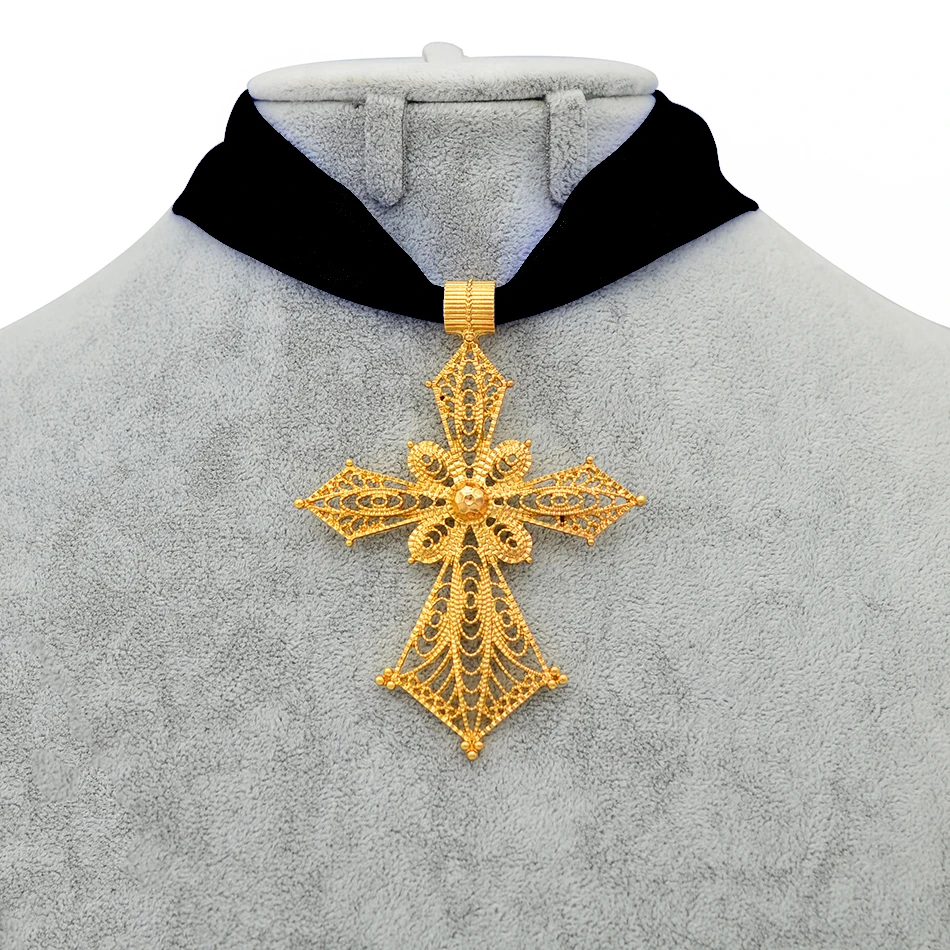 Ethiopian Cross Pendant DIY Rope Chain for Women Girls,African Wedding Party Gold Color Eritrea Jewelry Crosses #229706