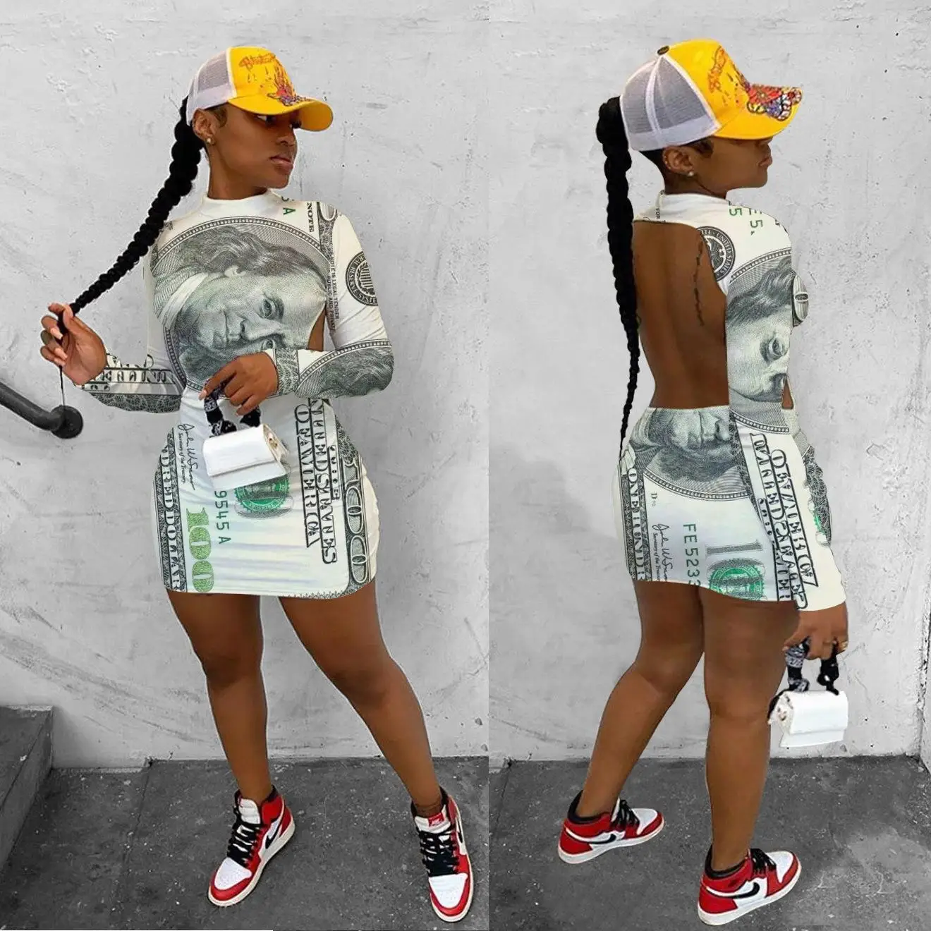 
E21318 New plus size S-2XL casual 2021 other backless banknote print fold woman dresses spring dress 