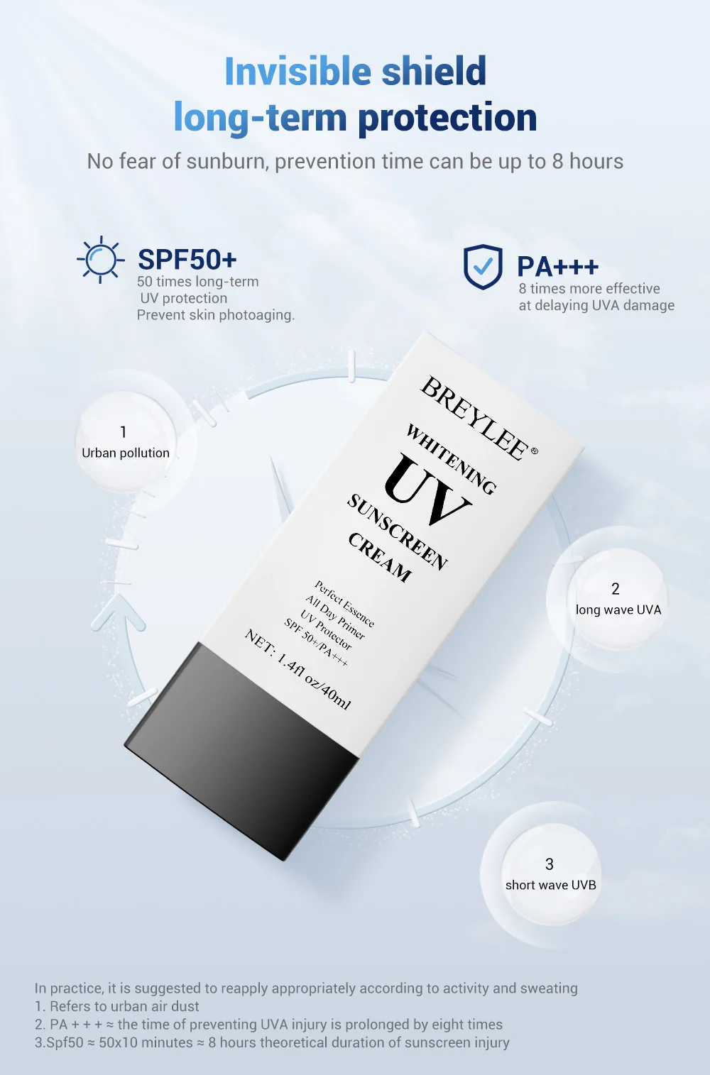 BREYLEE SPF 50 УФ солнцезащитный лосьон отбеливающий крем от солнца для лица Водонепроницаемый натуральный органический Sunblock частная