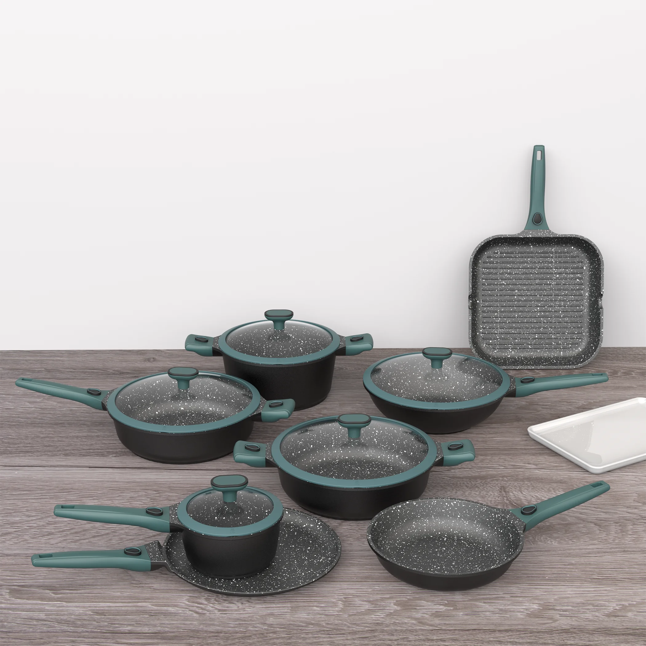 BESCO OEM Escalation Series 13pcs Cost-effective Nonstick Cookware Sets with Glass lid Stainless Steel Rim Midnight Green