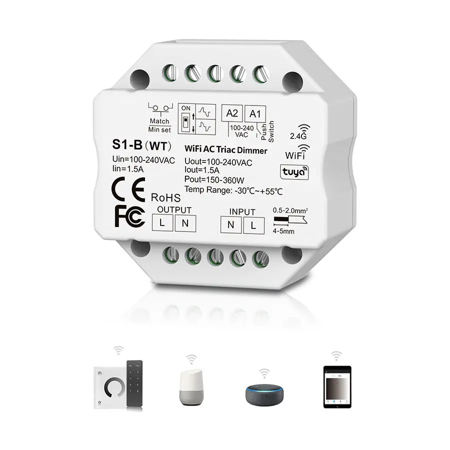S1-B(WT) Tuya Wi-Fi + RF AC Triac диммер пуш-ап 1 канал контроллер