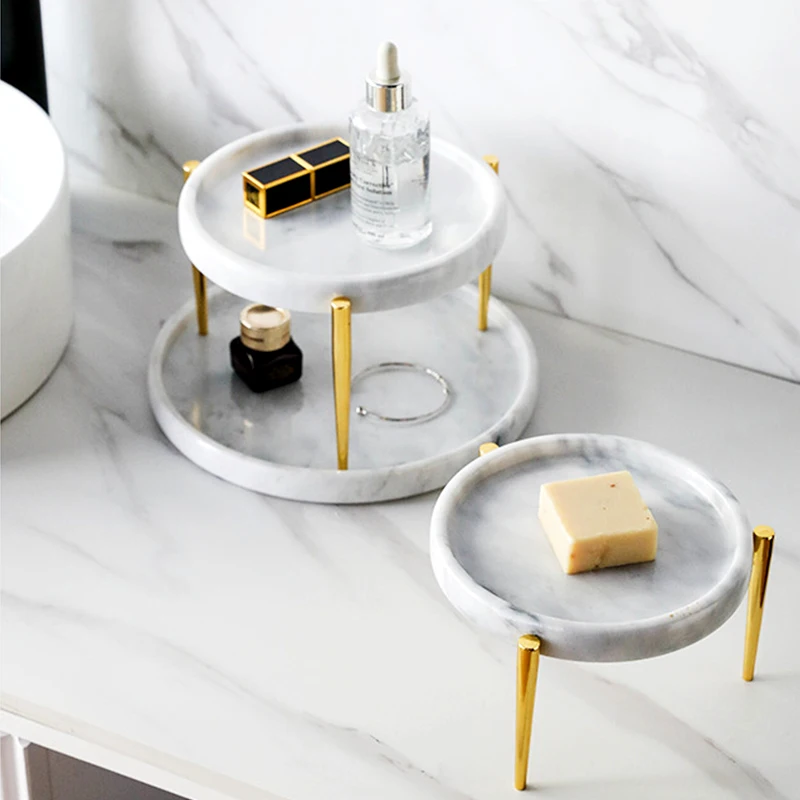 New Arrival Luxury wedding plate natural Marble round double layer jewelry Display Cake Carrier Candy Dish