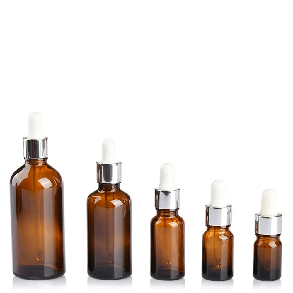 Custom essential oil glass bottle amber  round glass bottle borosilicate hair oil bottle with silver dropper