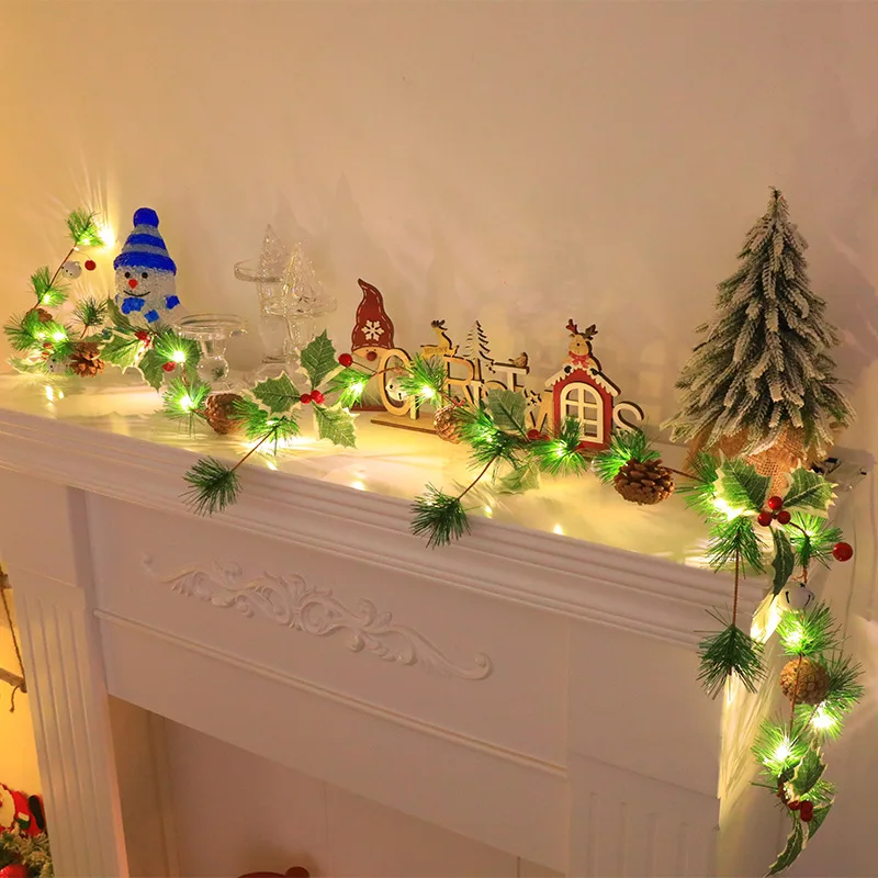 2024 New A mazon led Christmas rattan string light long pine cone pine red fruit bell garland shopping mall decorative lights