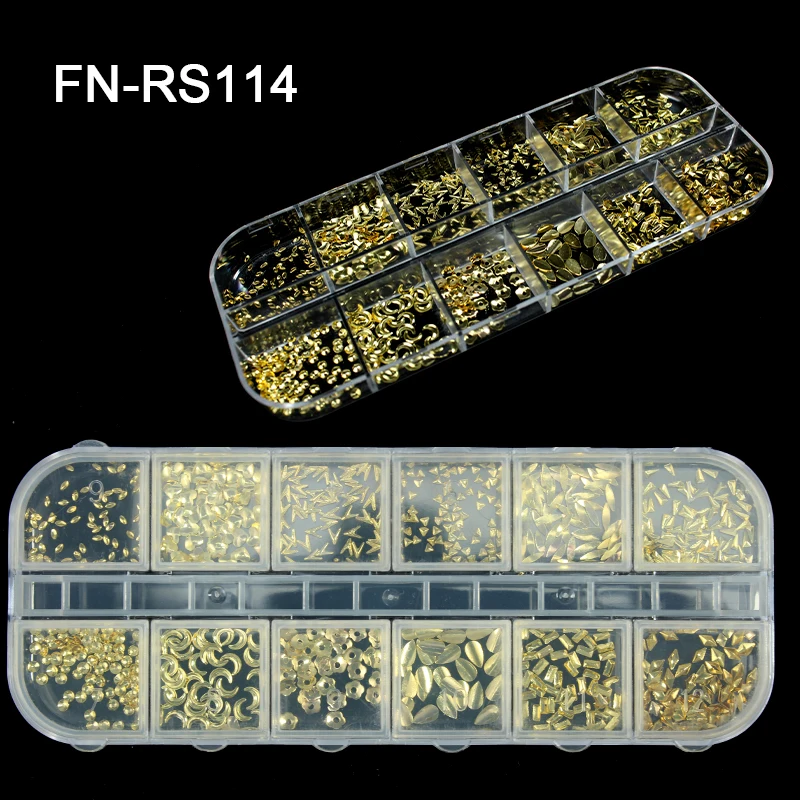 wholesale stock boxes gold 12 designs 3D Metal nail art decoration kit accessories for Beauty Charms Rivet