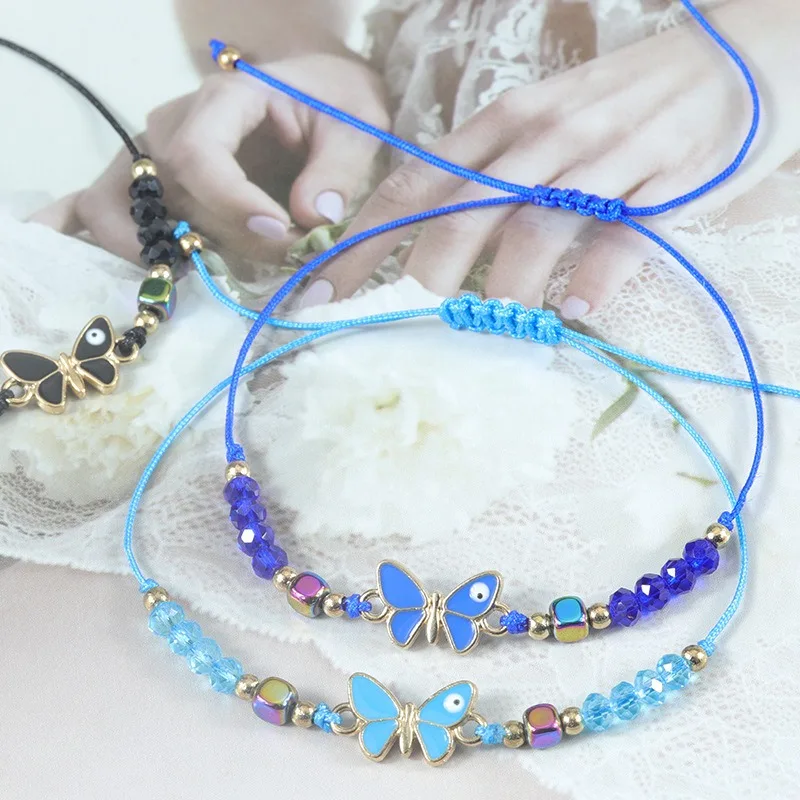 New Design Faceted Crystal Beads Bracelet Birthday Gifts Fashion Colorful Drip Oil Eye Butterfly Charm Bracelets for Teen Girls