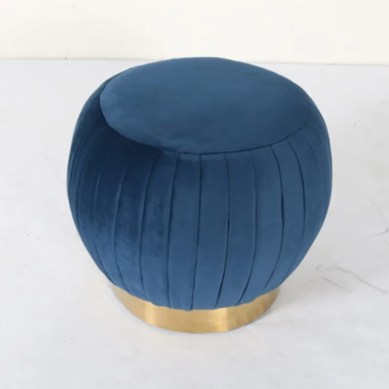 Modern Luxury Velvet Fabric Round Pouf Small Stool Ottoman Base Stainless Steel with Golden Living Room Sofa Chesterfield Sofa