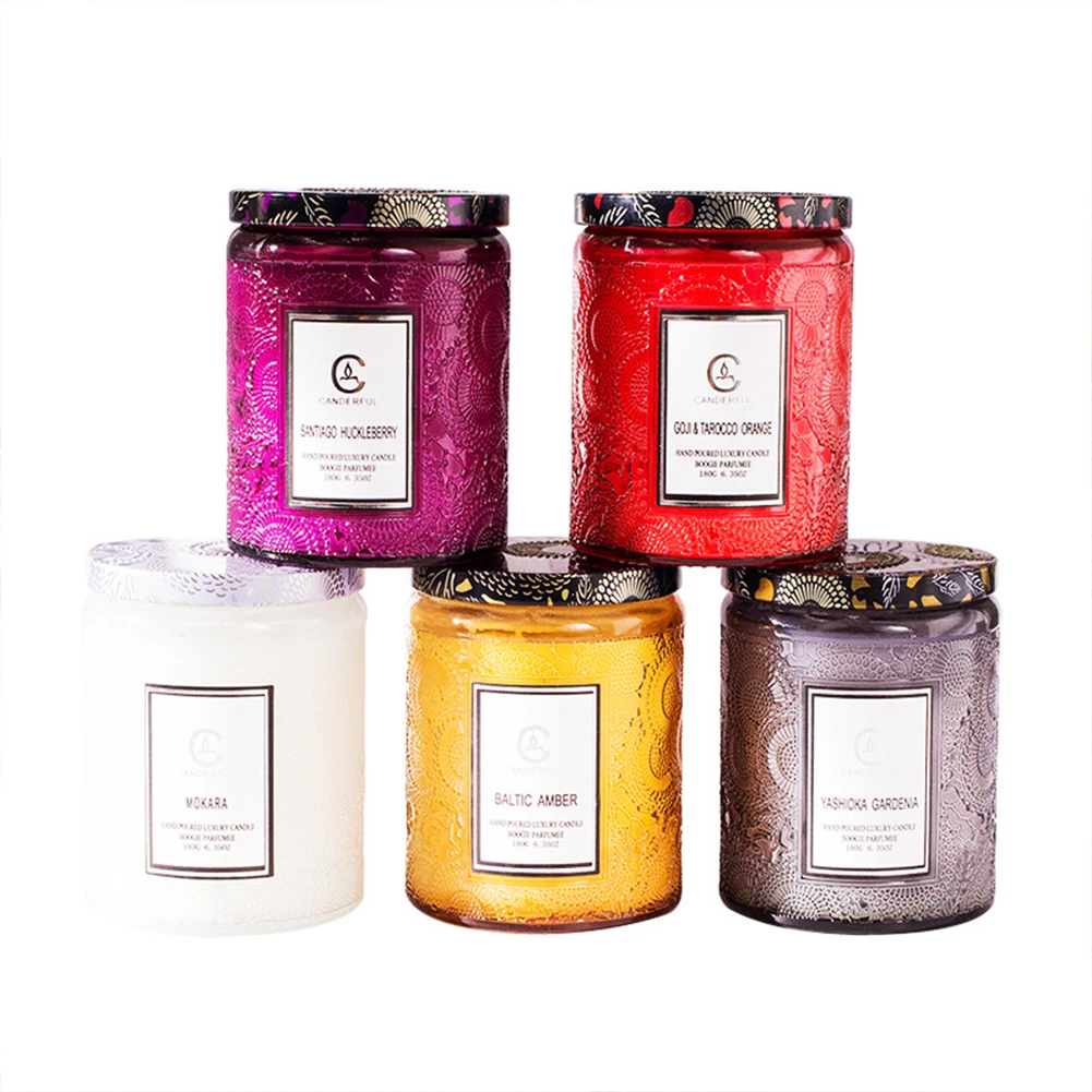Ebossed со стеклянным кувшином пользовательские ароматерапия роскошного ароматическая свеча с крышкой