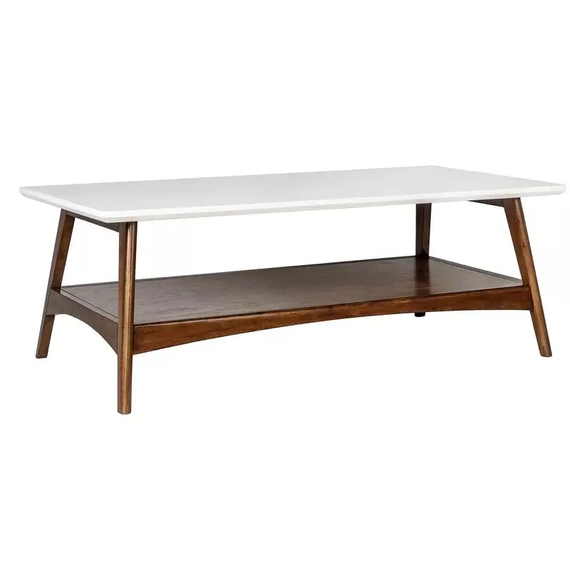 Teak Solid Wood Modern Coffee Table Rectangular Top Table With Flared Legs And Open Lower Shelf