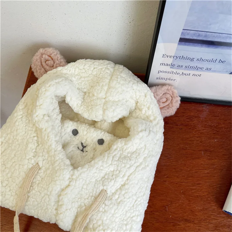 Japanese Cute Cartoon Bear Ear Cap Hat Lamb Plush Cap Warm Thickened Ear Protection with Warm Mask for Women Girl