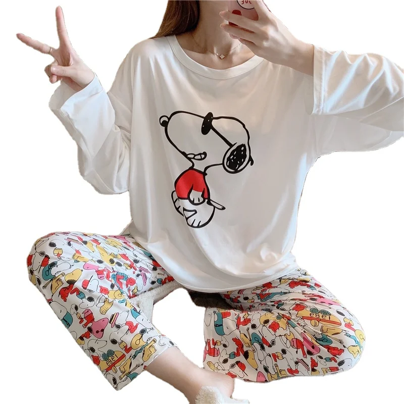 Sleepwear Autumn O Neck Long Sleeve Pants 2Pcs Sets Pajamas Snoopy Cartoons Korean Loungwear Oversize Sweet Leisure Home