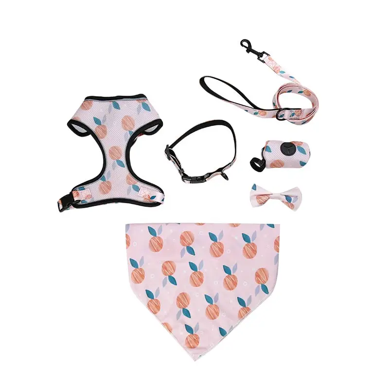 Custom Printing Breathable Air Mesh Pet Harness Leash Collar Set, Reflective Adjustable Dog Harness With Poop Bag Dispenser