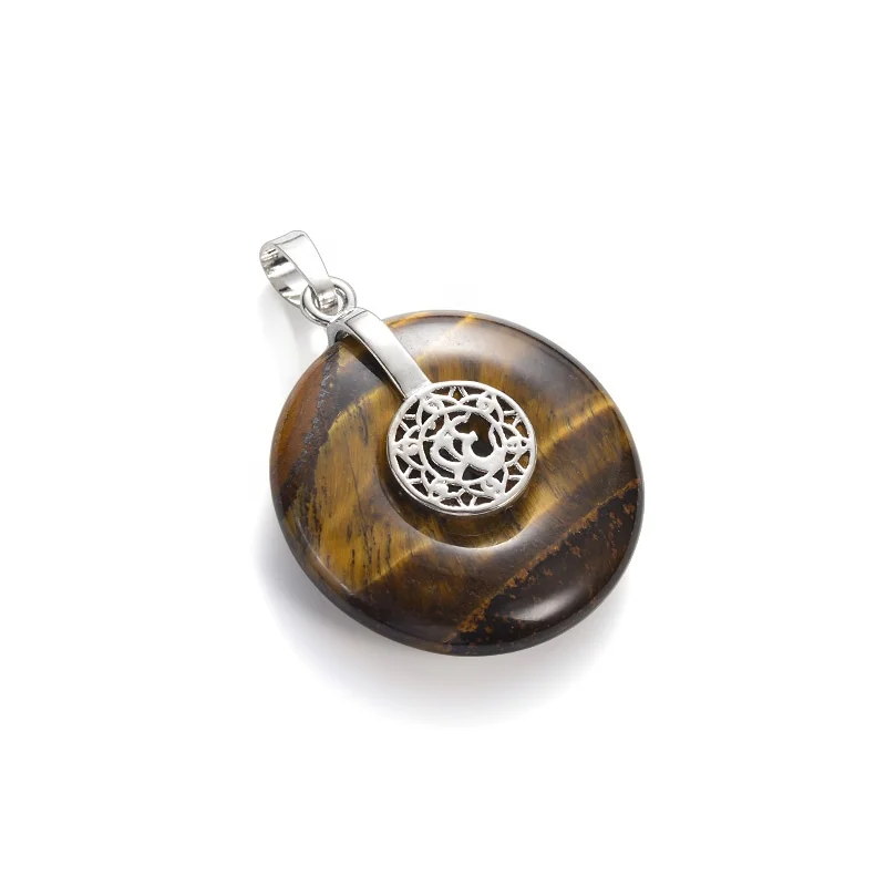 Natural Stone Tiger Eye Donut With Lotus Tree Of life Star Brass Pendant Bail For Necklace Jewelry Making