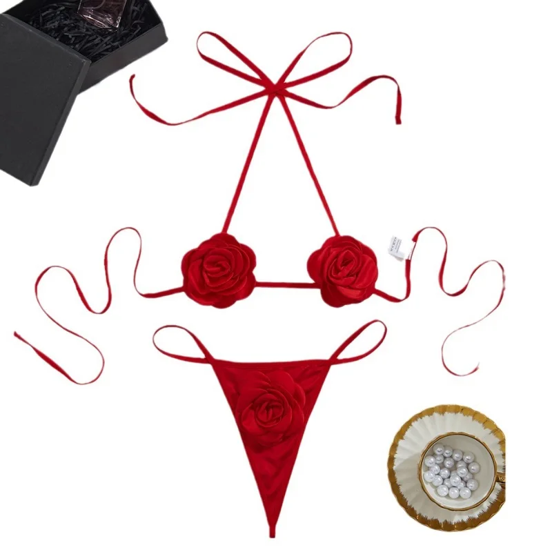 Red 2 Piece Flower Bra Briefs Sexy Underwear Set Lingerie