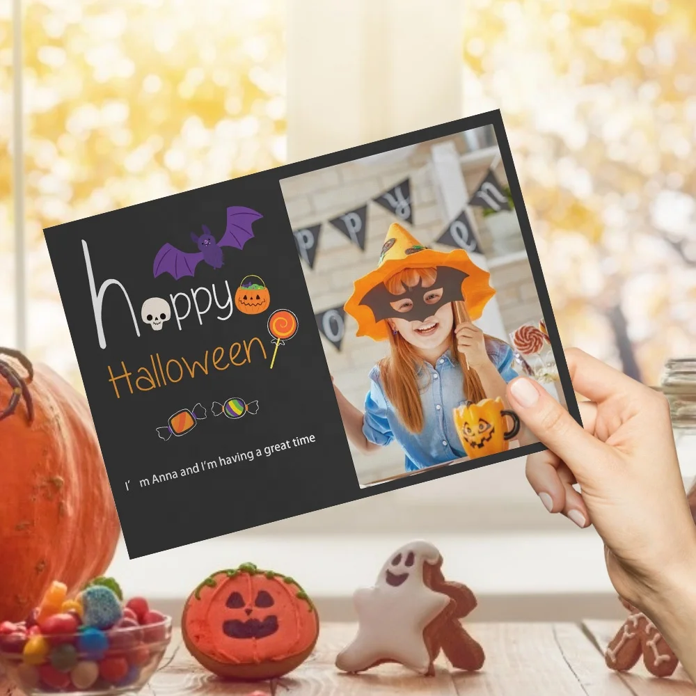 Luxury Custom Photo Text Greeting Card Bat Candy Festival Happy Halloween Cards