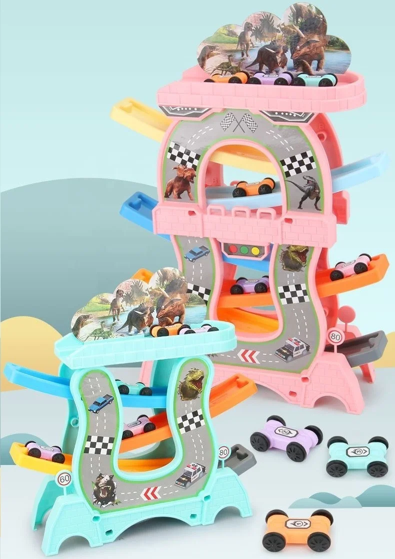 ITTL popular 6 rail 6 cars slide toy track set easy assemble plastic car  track