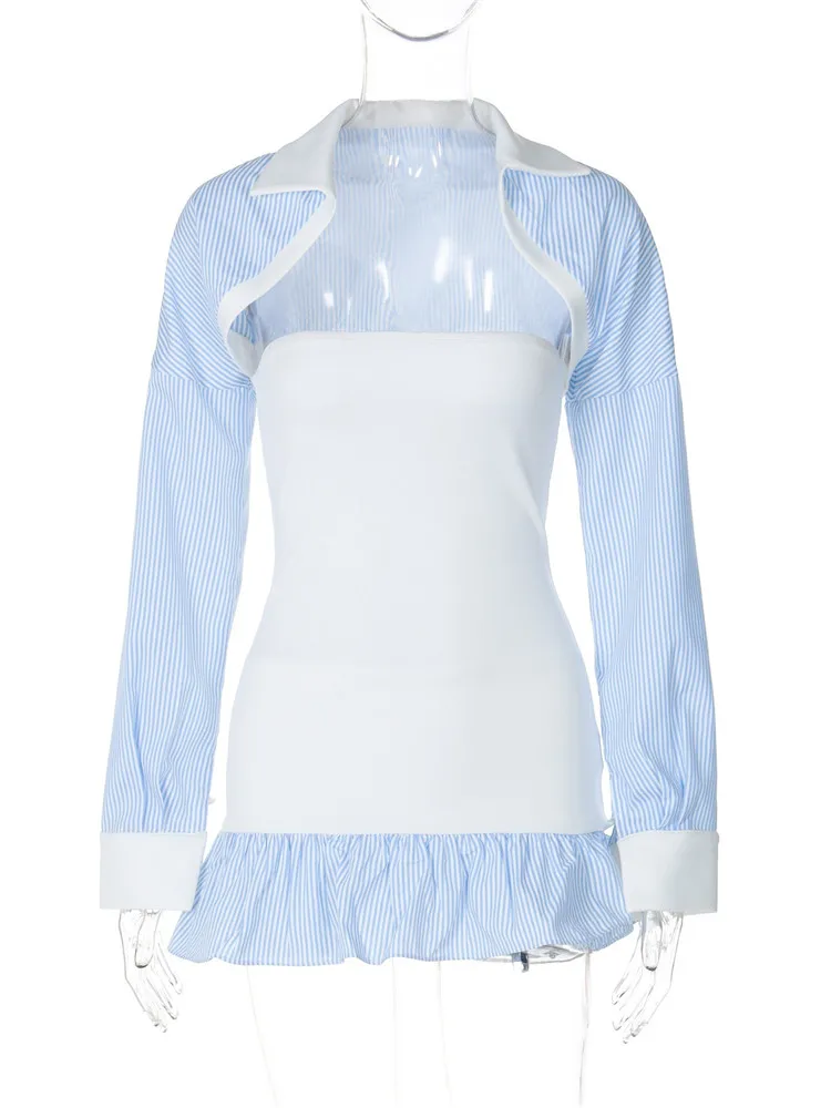 Turn Down Collar Long Sleeve Shawl Striped Print Top Strapless Ruffles Dress 2 Piece Set