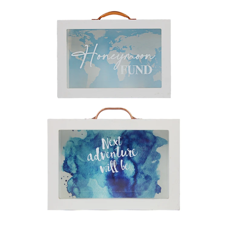 Creative Travel Wooden Letters piggy banks honeymoon money box For Engagement Gift, Money Box Frame with handle