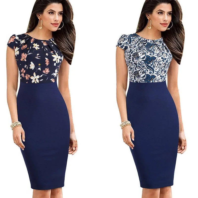 Nice-forever New Print Stylish Elegant Casual Work Ruched Cap Sleeve Gather O-Neck Bodycon Knee Women Office Pencil Dress B316