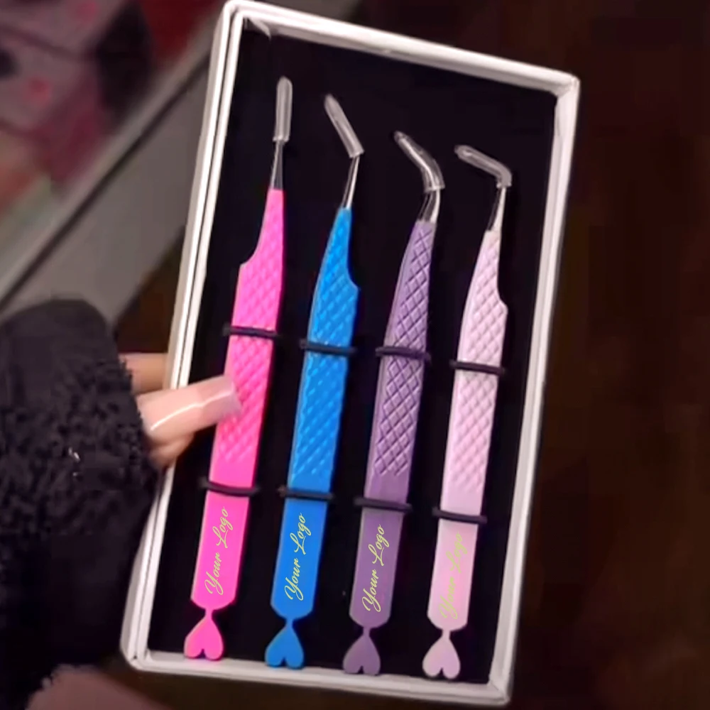 Print Logo Nano Grip Microfiber Eyelash Tweezers  45 60 75 90 Degree Volume Lash Extension Fiber Tips Tweezers Set