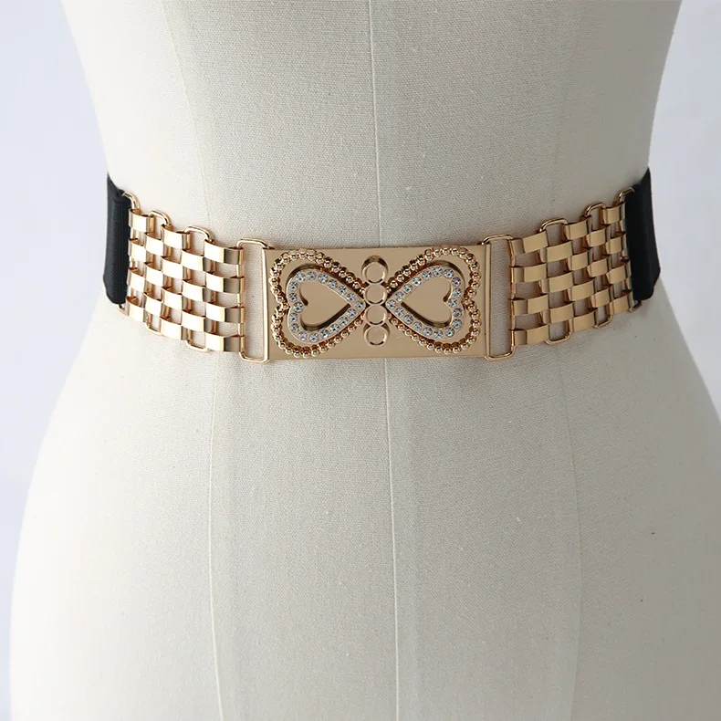 Black Elastic Gold Heart Chain Belts, Lion Head Decoration Stretch Belts for Women