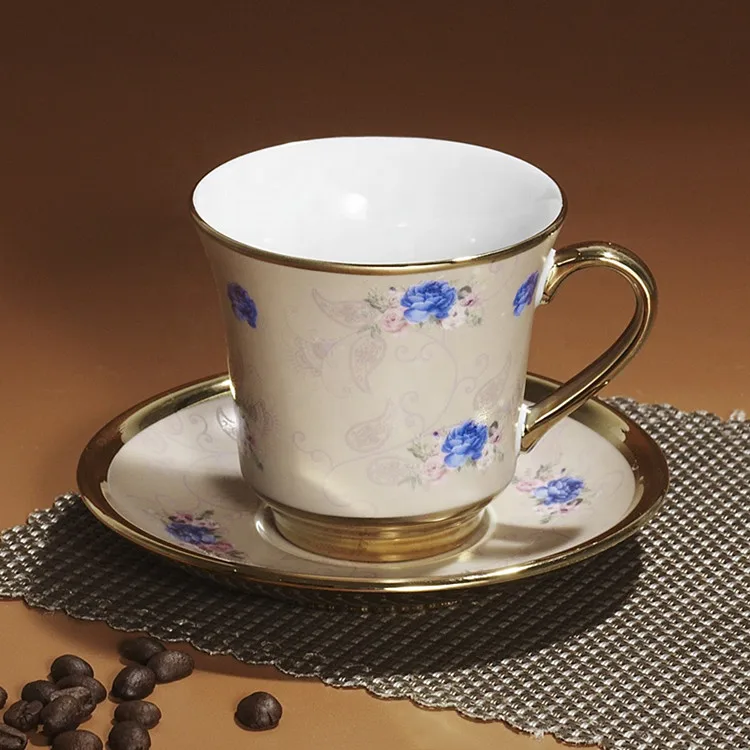 Elegant floral pattern tea cup set with gold trim porcelain espresso cups with saucers Arab afternoon tea use