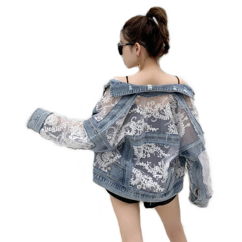 2021 New Women Fashion Plus Size Denim Jacket Light Blue Transparent 3D Lace Sleeve Distressed Denim Jacket Women