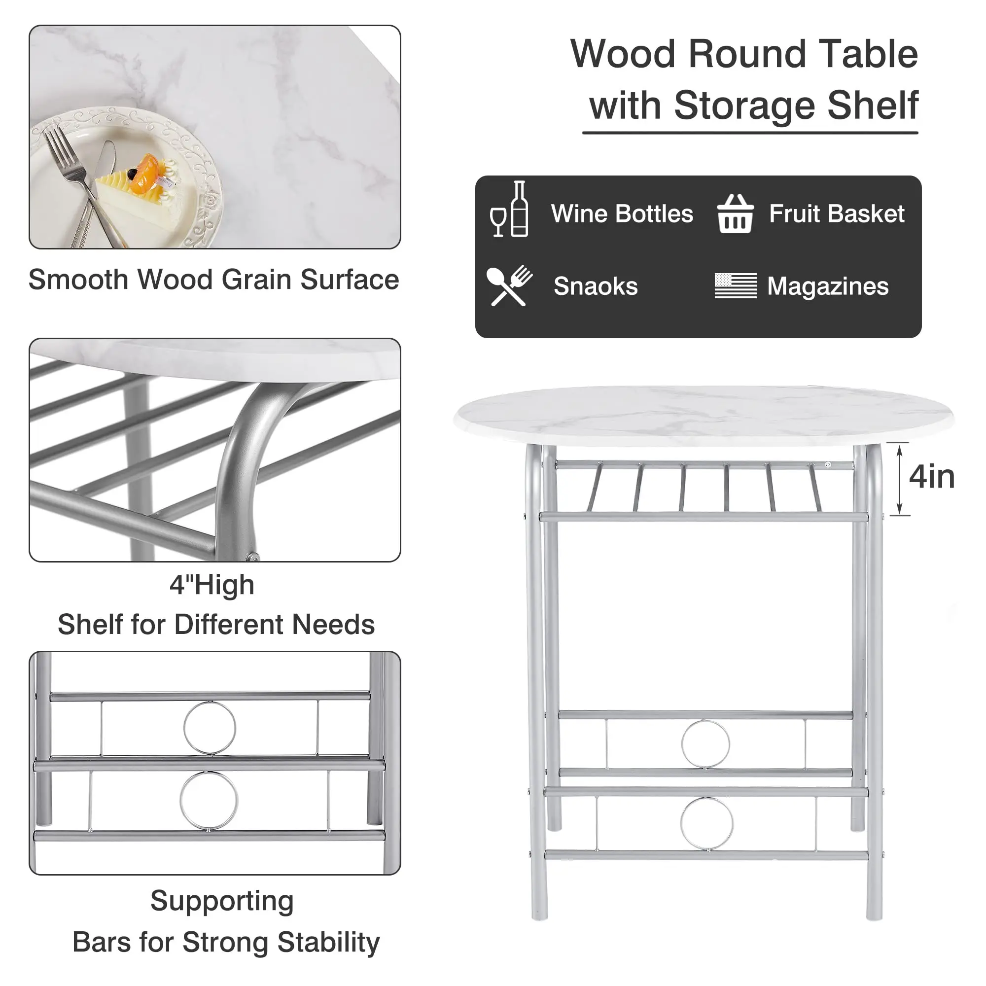 3 Piece Small Round Dining Table Set for Kitchen Breakfast Nook, Wood Grain Tabletop with Wine Storage Rack Save Space White