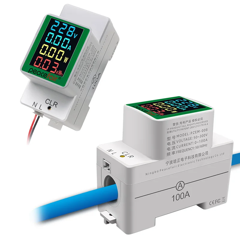 4IN1 Din Rail Single Phase AC Monitor 110V 220V 100A Voltage Current Active Power KWH Electric Energy Frequency Meter VOLT AMP