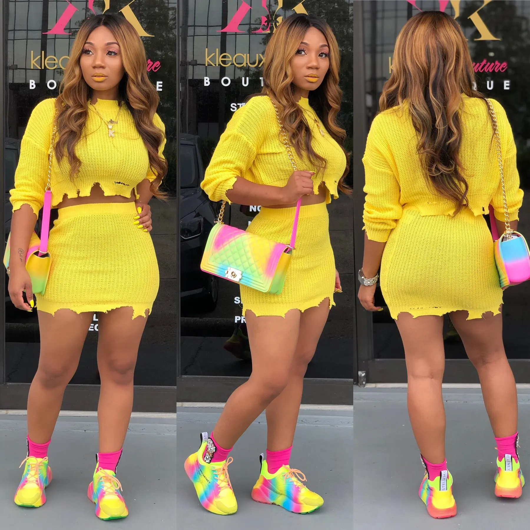 2022 Autumn Fashion 2 Piece Outfits Women Long Sleeve Casual Matching Sets Solid Cropped Sweater And Knitted Skirt Set