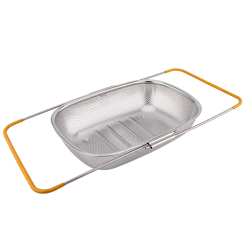 Hot selling kitchen oval stainless steel colander telescopic drain basket with retractable handle