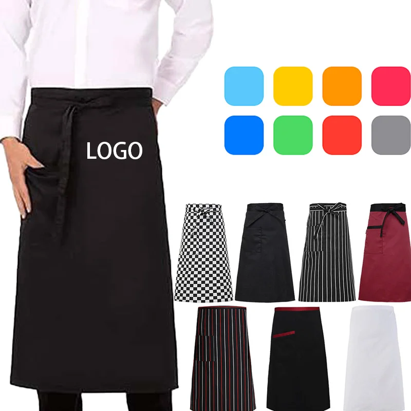 Professional Custom Restaurant Cotton Half Body Short Section Aprons washed Waiter Waist Apron With Pocket