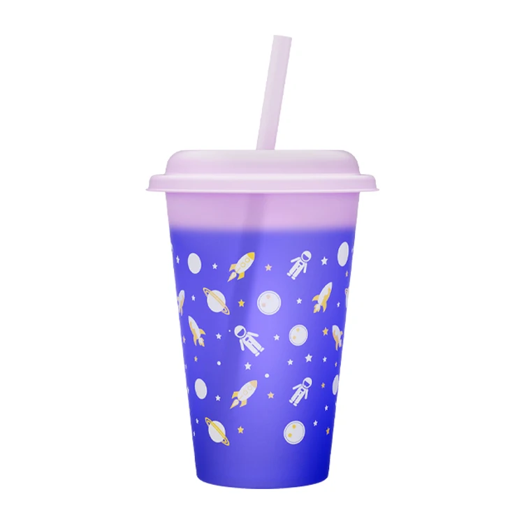 Customization OEM ODM Kids Cartoon Silk Screen Color Changing PP Plastic Cups With Lids And Straws