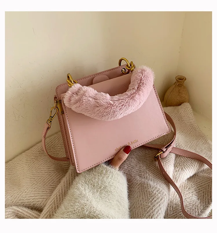 
Winter and Autumn New Fashion Korean Wool Pink Crossbody Faux Fur Purses and Bags Women Handbags Ladies 
