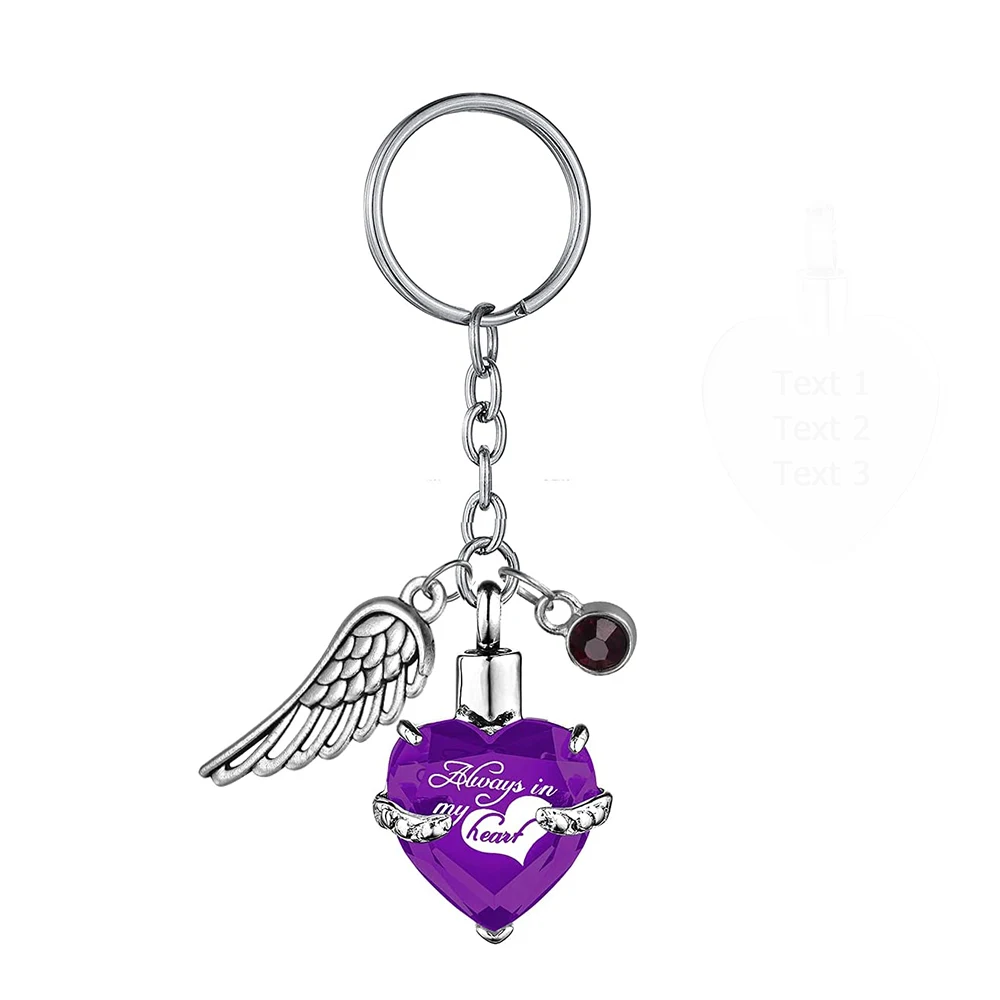 Heart with Birthstone and Angel Wing Pendant KeyChain Cremation Urn for Ashes KeyRing Jewelry to Men Women - Always in my heart